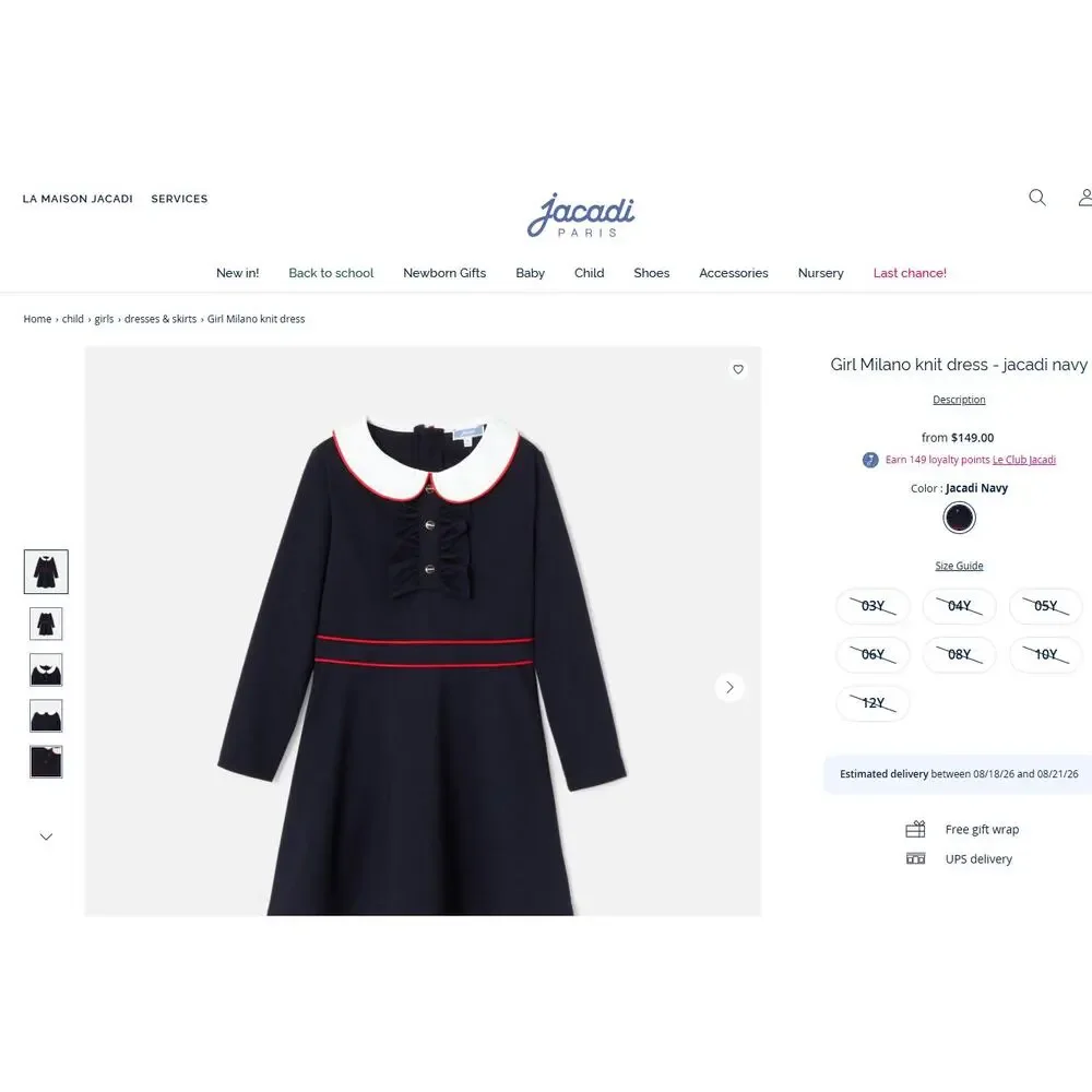 Jacadi Paris Milano Dress Girls Size 12A/Y Peter Pan Collar Event Preppy France